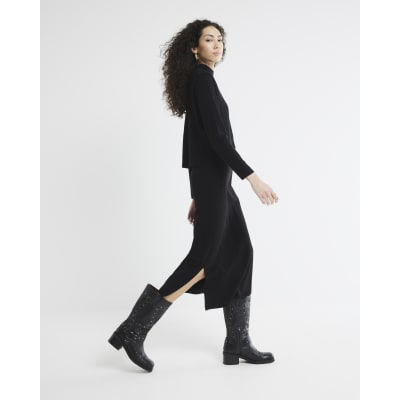 Black Long Sleeved Knitted Midi Dress | River Island