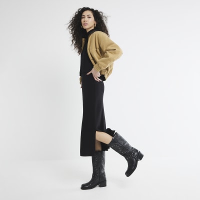 Black Long Sleeved Knitted Midi Dress