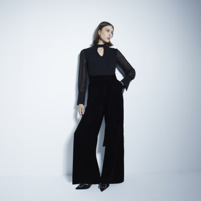 River Island Womens Black Long Sleeved Velvet Chiffon Jumpsuit