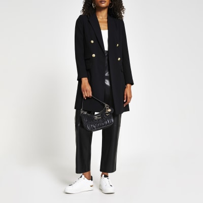 Black longline double breasted blazer River Island