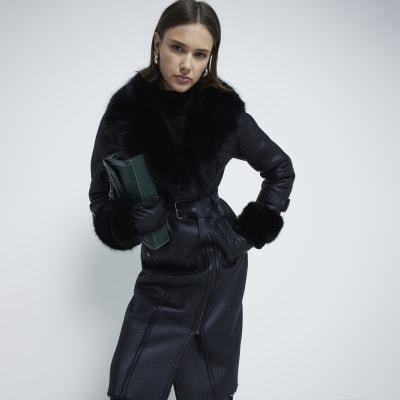 River Island Womens Black Longline Faux Fur Belted Biker Jacket