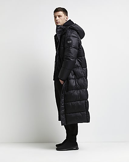 Black longline hooded puffer jacket