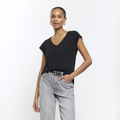 Black longline plain tshirt River Island