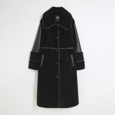 Black longline shearling coat River Island