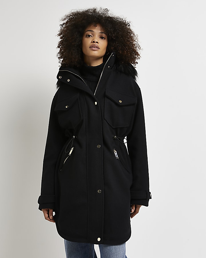 Black longline wool parka coat