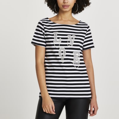 Black 'Love' diamante stripe t-shirt