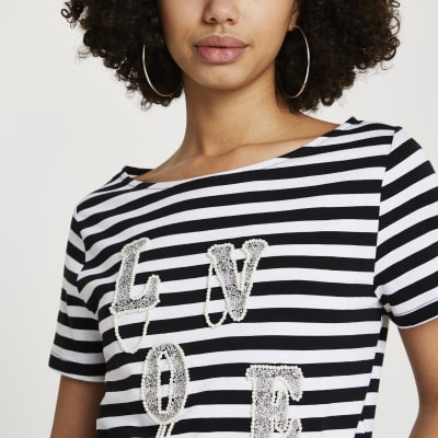 Black 'Love' diamante stripe t-shirt