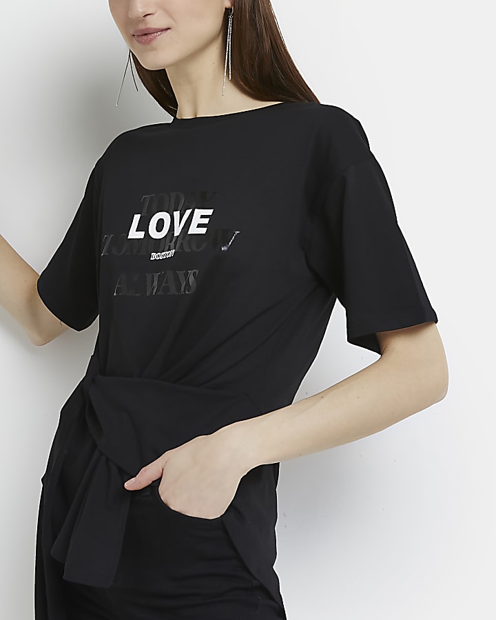 Black 'Love' graphic tie front t-shirt