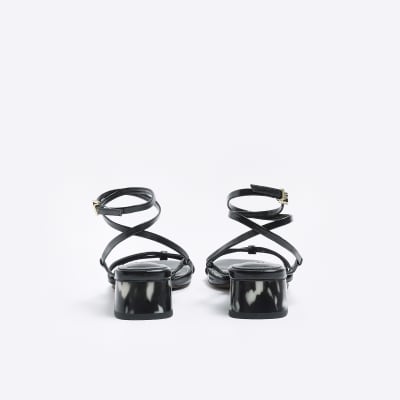 Black low block strappy heeled sandals