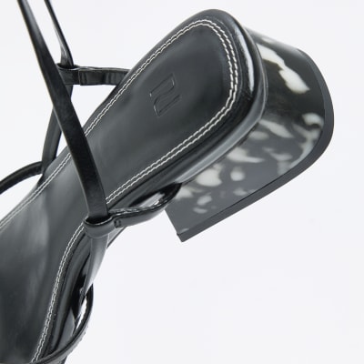 Black low block strappy heeled sandals