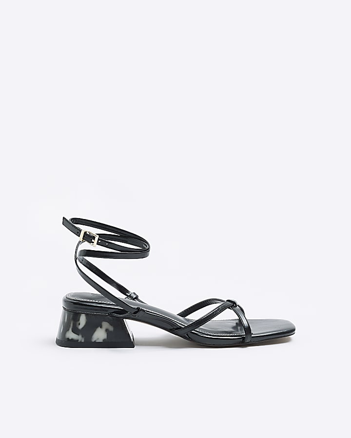 Black low block strappy heeled sandals