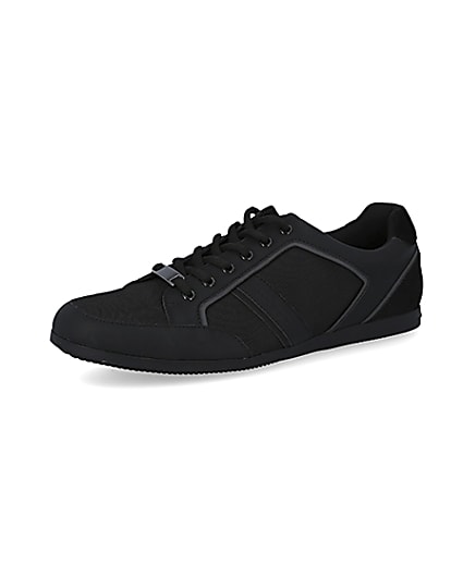 360 degree animation of product Black low profile lace-up trainers frame-1
