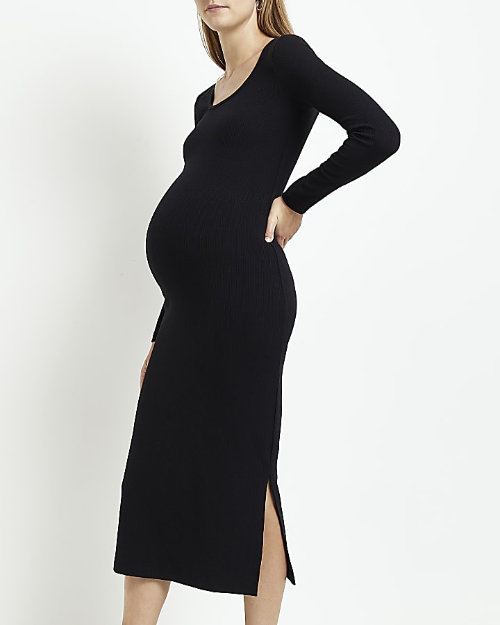 Black maternity rib bodycon midi dress