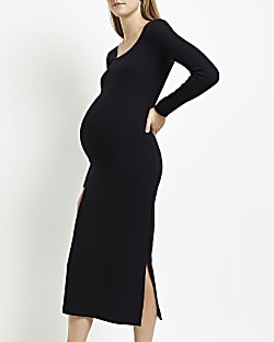 Black maternity rib bodycon midi dress
