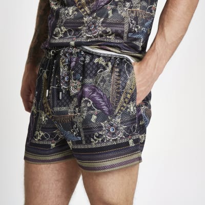 Black mesh baroque print slim fit shorts