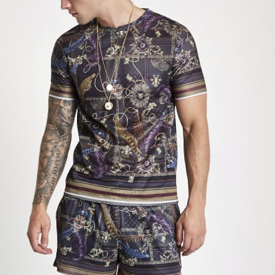 Black mesh baroque print slim fit T-shirt