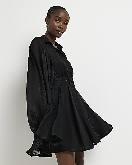 Black mesh belted mini shirt dress