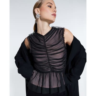 Black Mesh Contrast Ruched Top