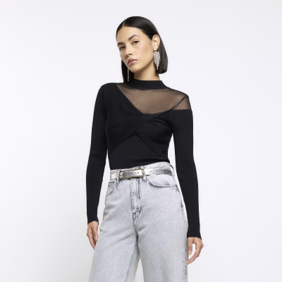 Cropped Mesh Detail Long Sleeve Top Black