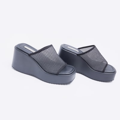 Black mesh detail platform mules