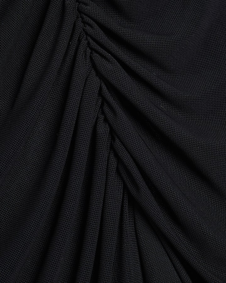 Black mesh drape ruched midi skirt