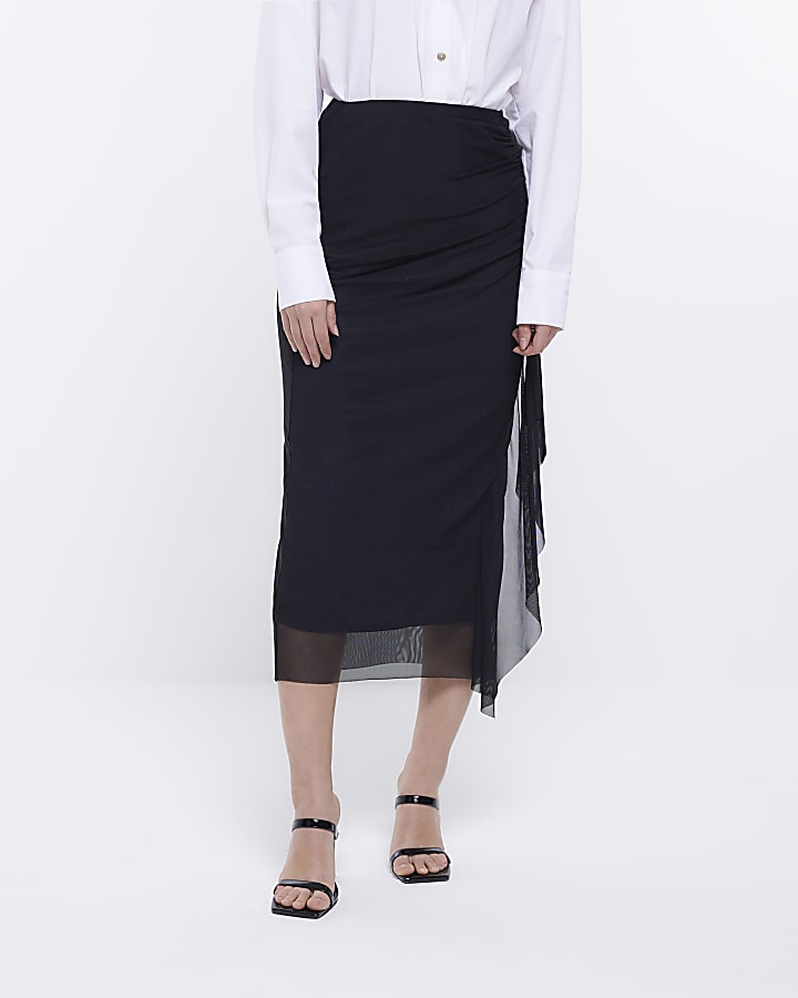 Black mesh drape ruched midi skirt
