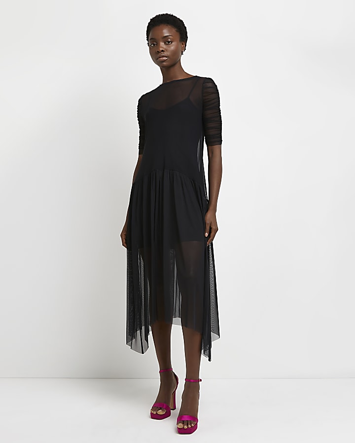 Black mesh drop waist midi dress