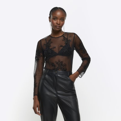 River Island Black Lace Mesh Crop Top