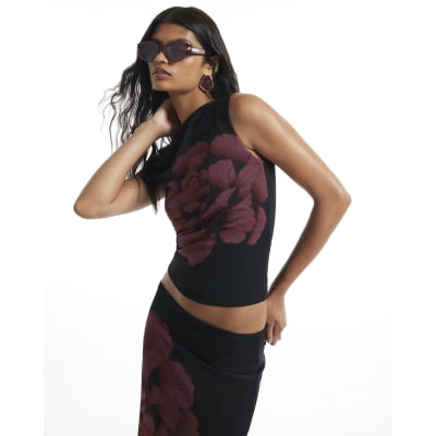 Mesh Floral Print Drape Top