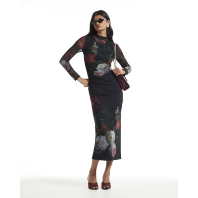 Mesh Floral Print Maxi Dress