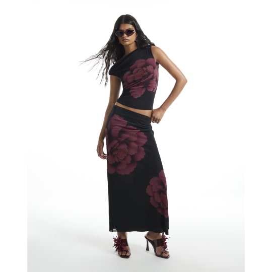River Island Black Mesh Floral Print Maxi Skirt
