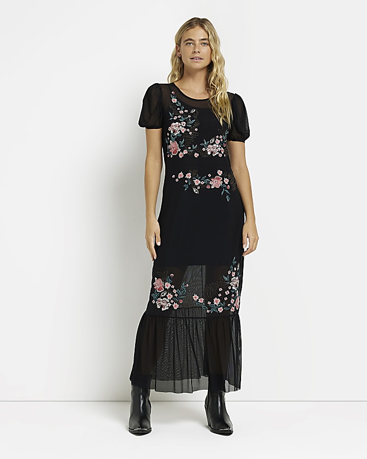 Black mesh floral swing midi dress
