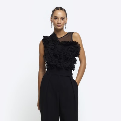 Black mesh frill bodysuit | River Island