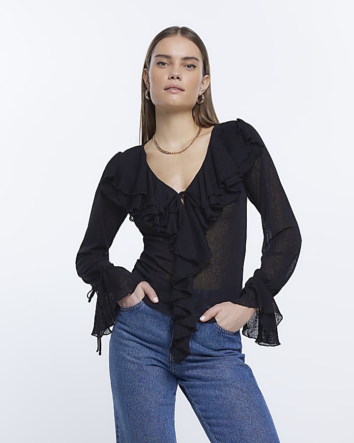 Black mesh frill detail blouse