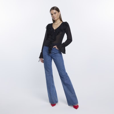 Black mesh frill detail blouse