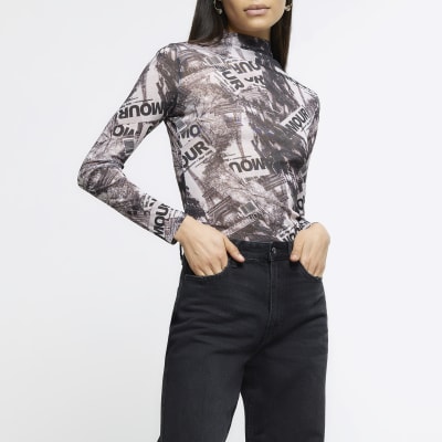 Black mesh graphic print long sleeve top | River Island