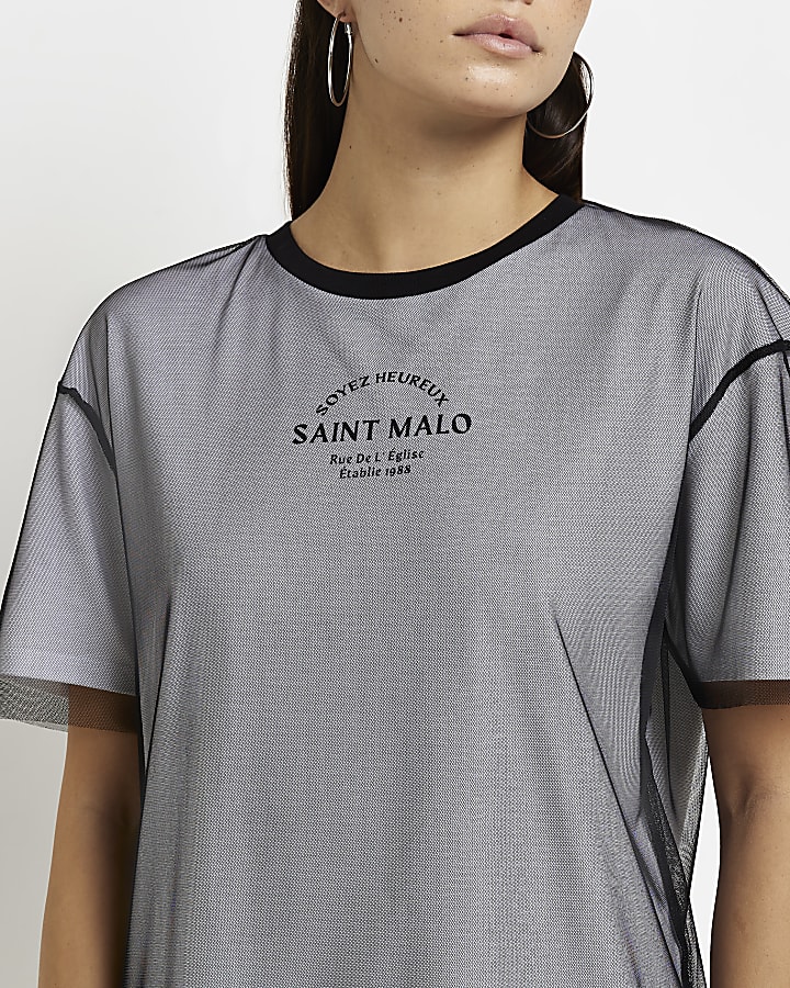 Black mesh graphic print t-shirt