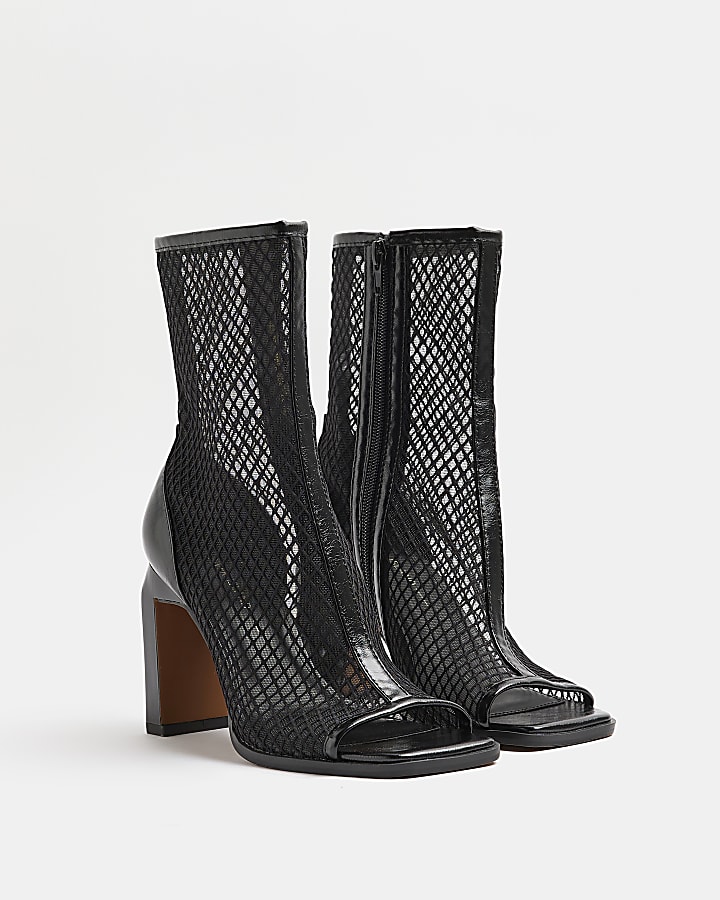 Black mesh heeled ankle boots