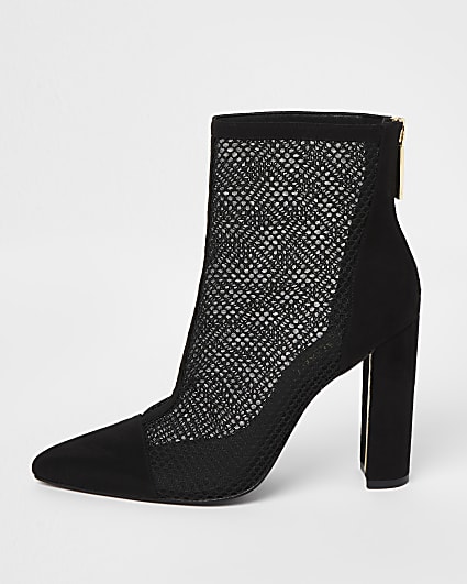Black mesh heeled boots