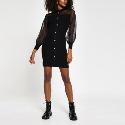 Black Mesh Knit Bodycon Dress River Island 0782