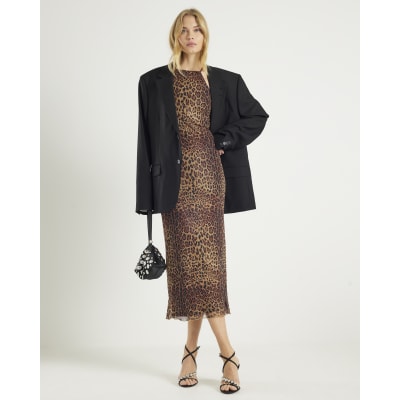 Black Mesh Leopard Print Diamante Midi Dress