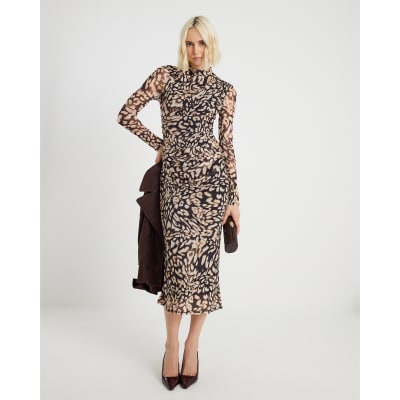 Black Mesh Leopard Print Midi Dress