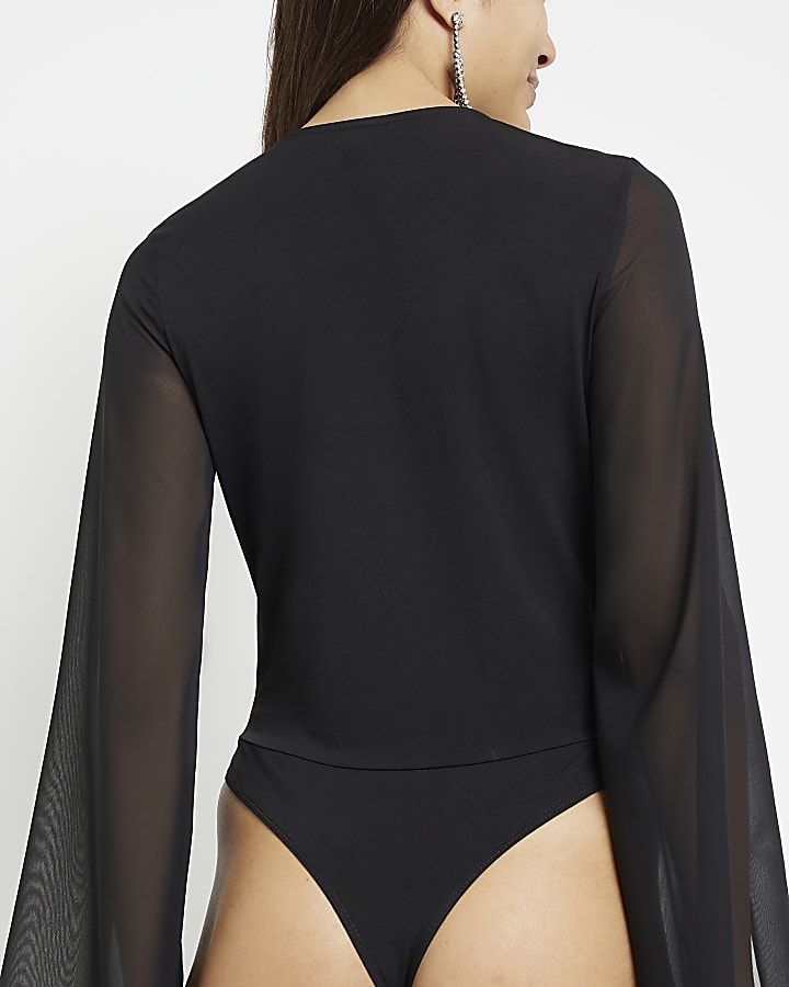 Black mesh long sleeve bodysuit