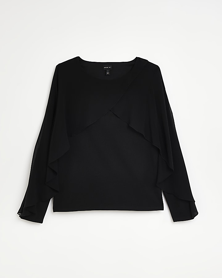 Black mesh long sleeve cape blouse
