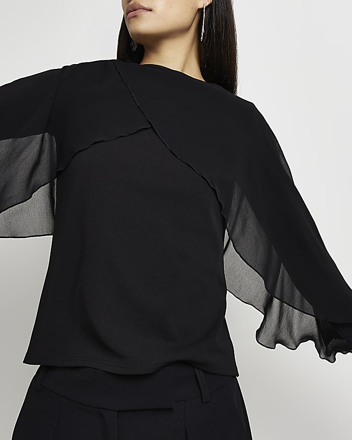 Black mesh long sleeve cape blouse