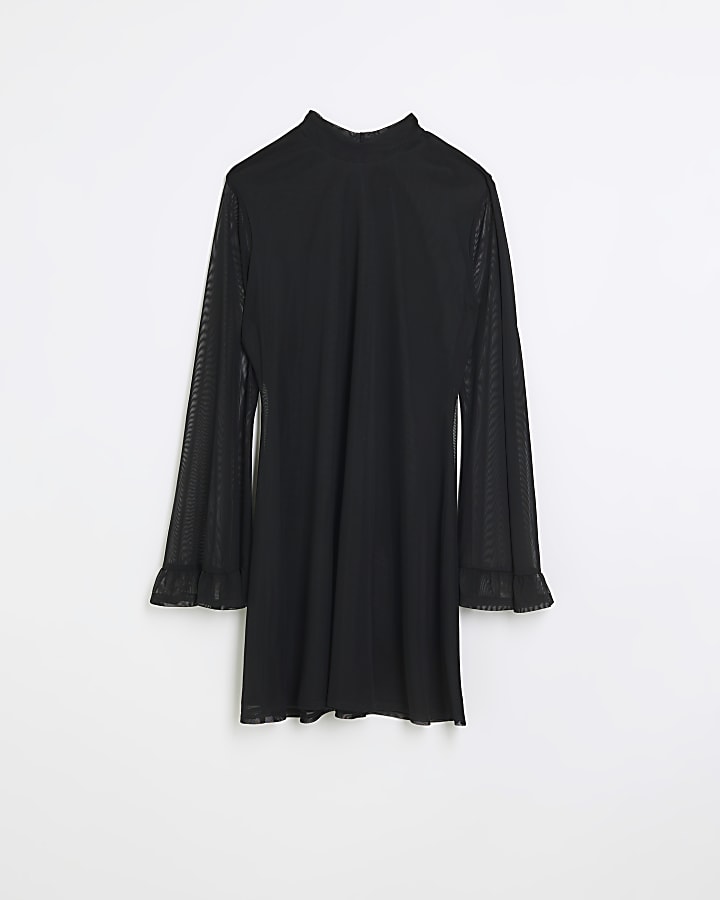 Black mesh long sleeve mini dress