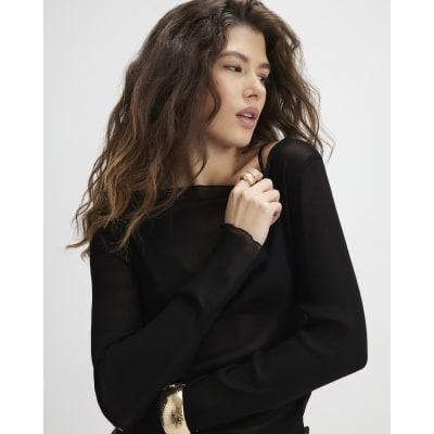 Black Mesh Long Sleeve Ruched Top