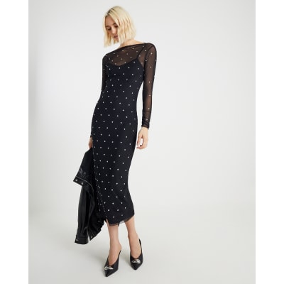 Black Mesh Long Sleeve Studded Midi Dress