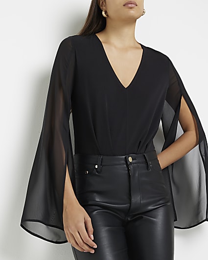 Black mesh long sleeves bodysuit
