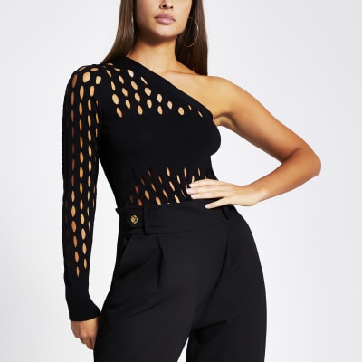 Black mesh one shoulder knitted top River Island